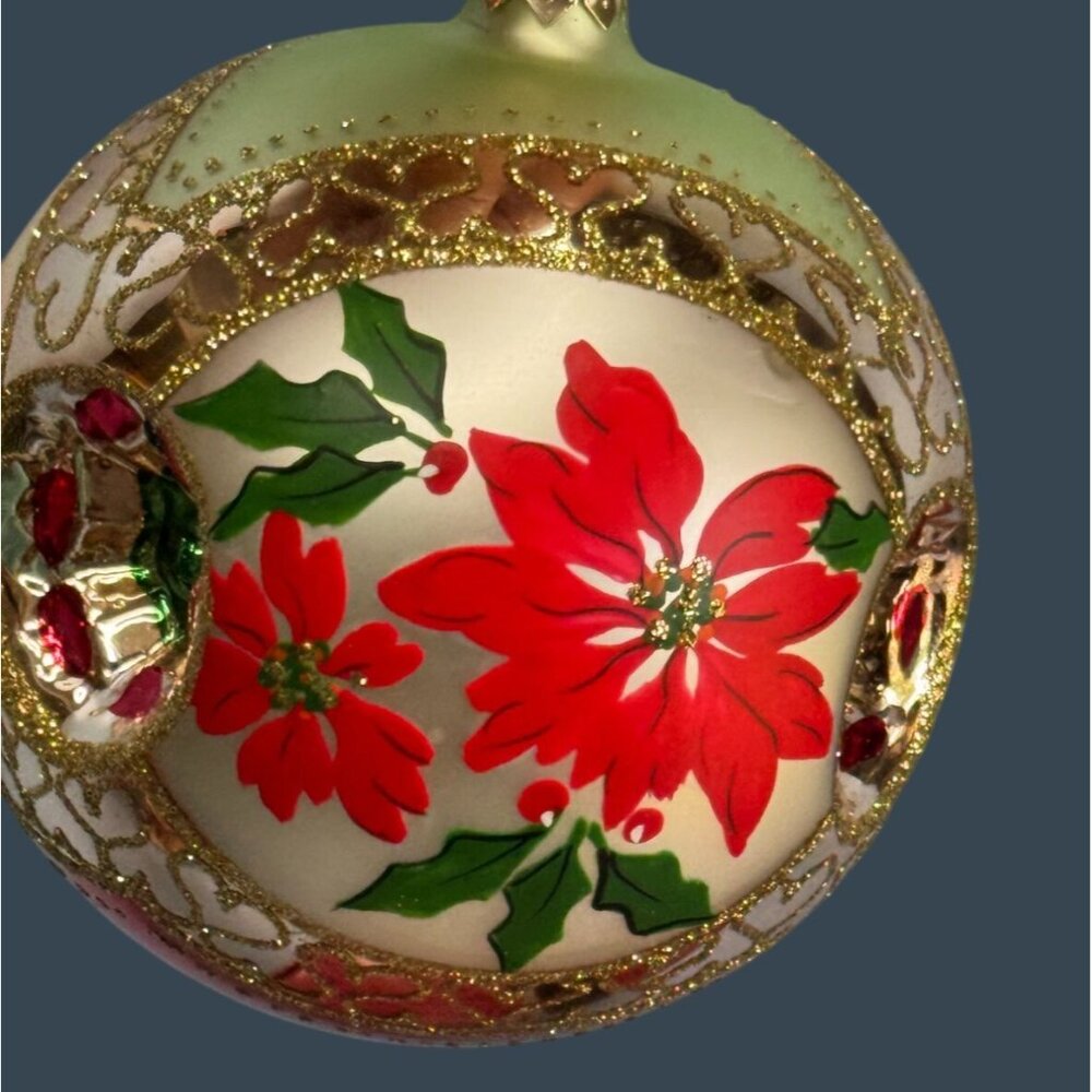 Crown Reflections Red Poinsettia Indented Blown Glass Ornament 4 1/2" Poland - Picture 4 of 6